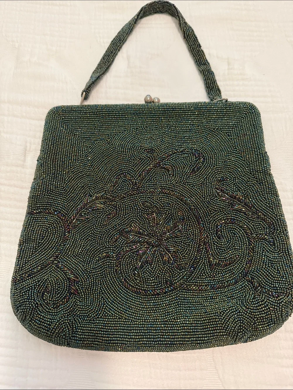 Beaded Antique Evening Handbag in Iridescent Dark Green Beads, etc All Perfect.